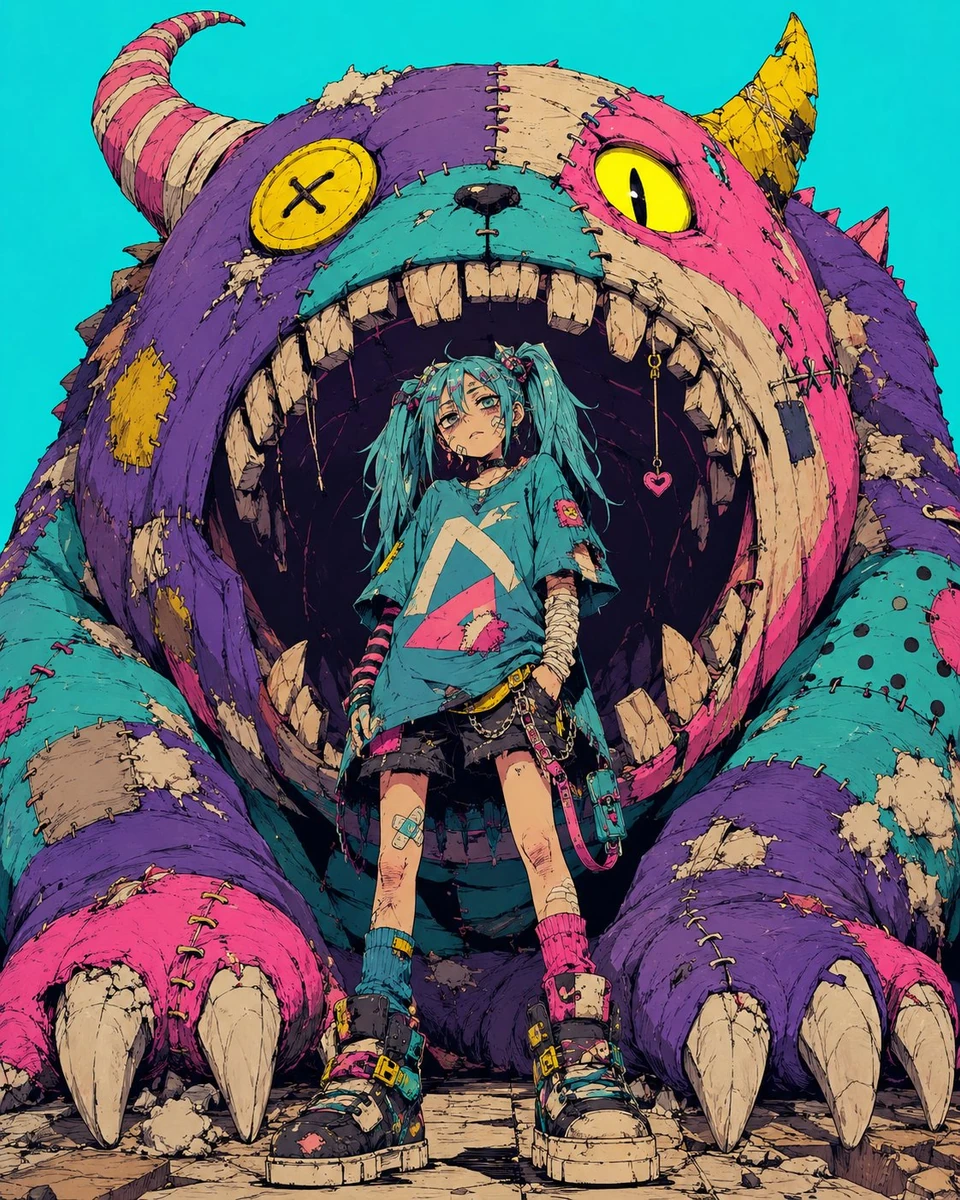 CHARACTER = skinny teenage scavenger with cyan twin-tail hair https://t.c...