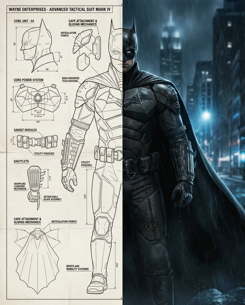 Split-screen cinematic composition featuring Batman, divided vertically i...