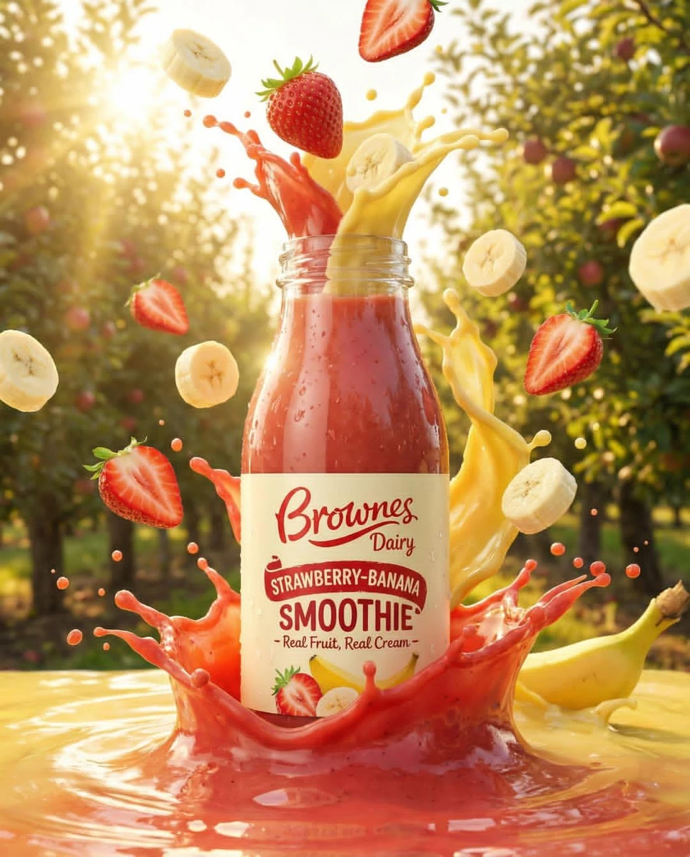 Ultra-realistic product ad of a premium fruit drink bottle, dynamic liqui...