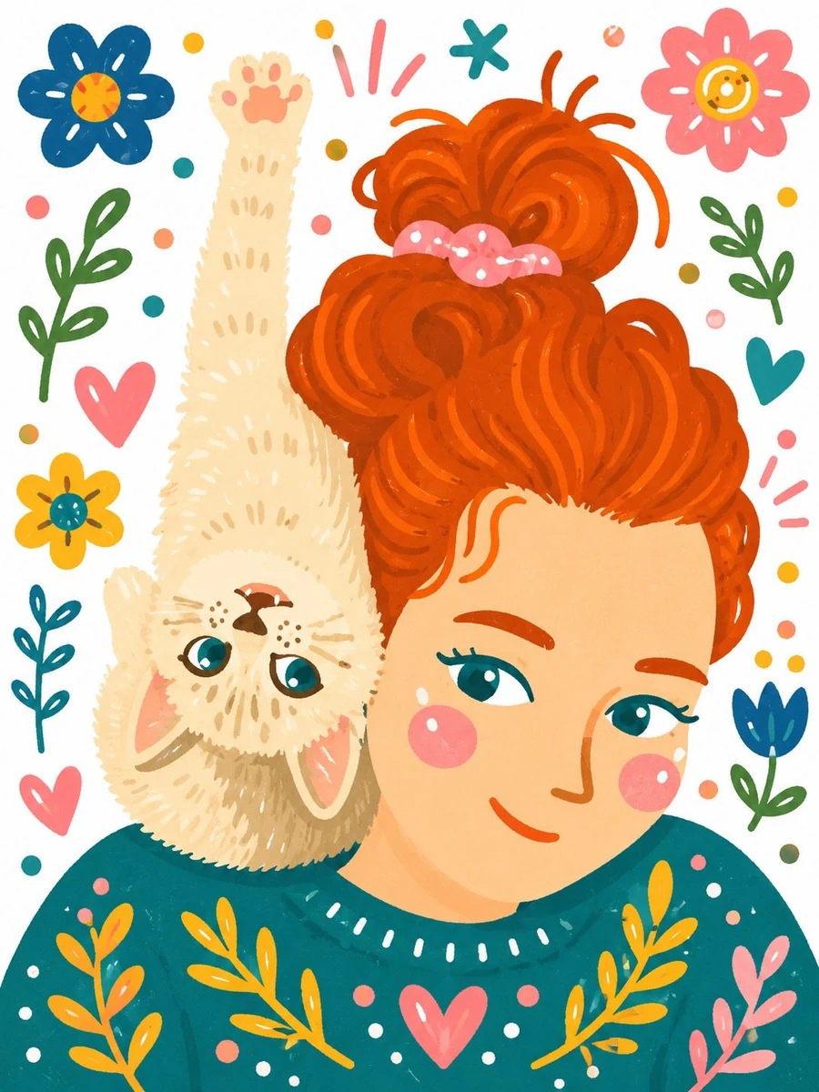 Whimsical hand-painted illustration of a cute red-haired girl with rosy c...