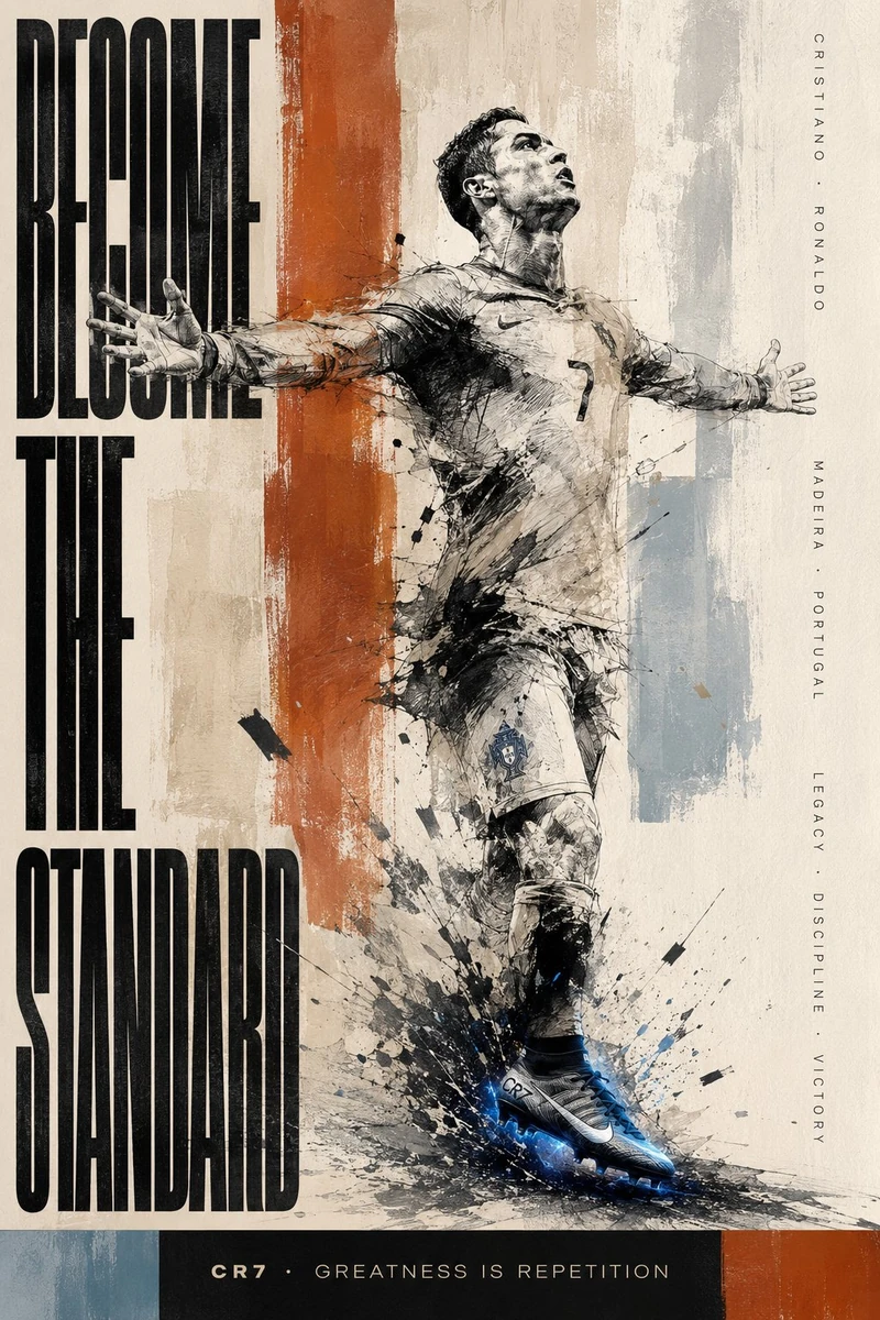 Cristiano Ronaldo contemporary fine art poster where Japanese sumi-e illu...