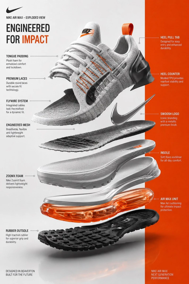 A premium exploded-view infographic of a futuristic Nike sneaker, all sho...