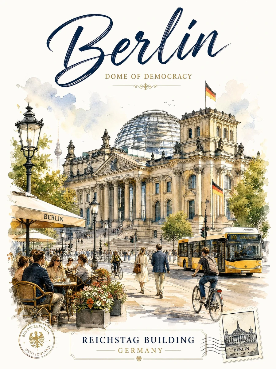 Minimalist vintage watercolor travel poster illustration of the Reichstag...
