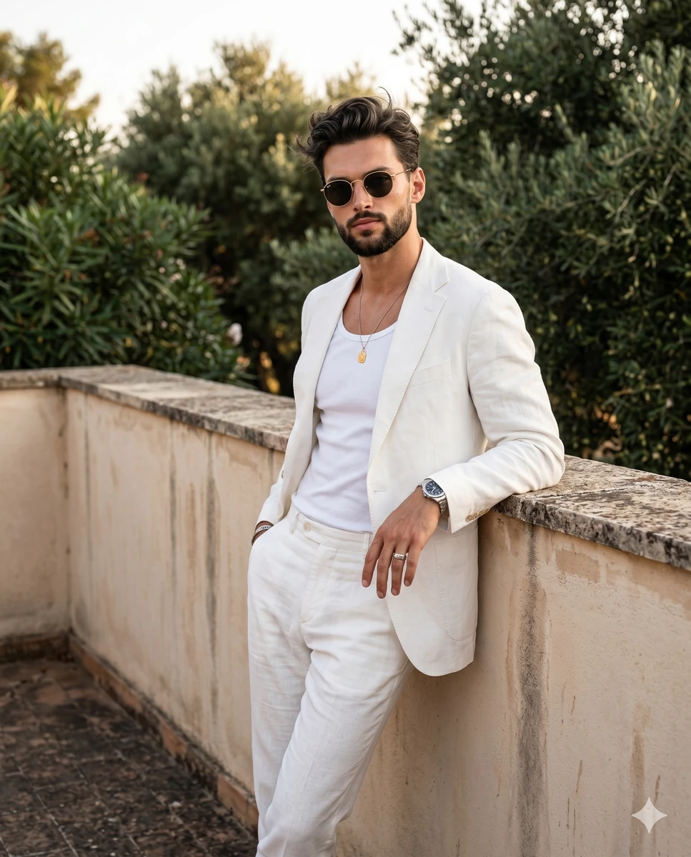 A stylish, confident adult male with a short beard stands placed slightly...