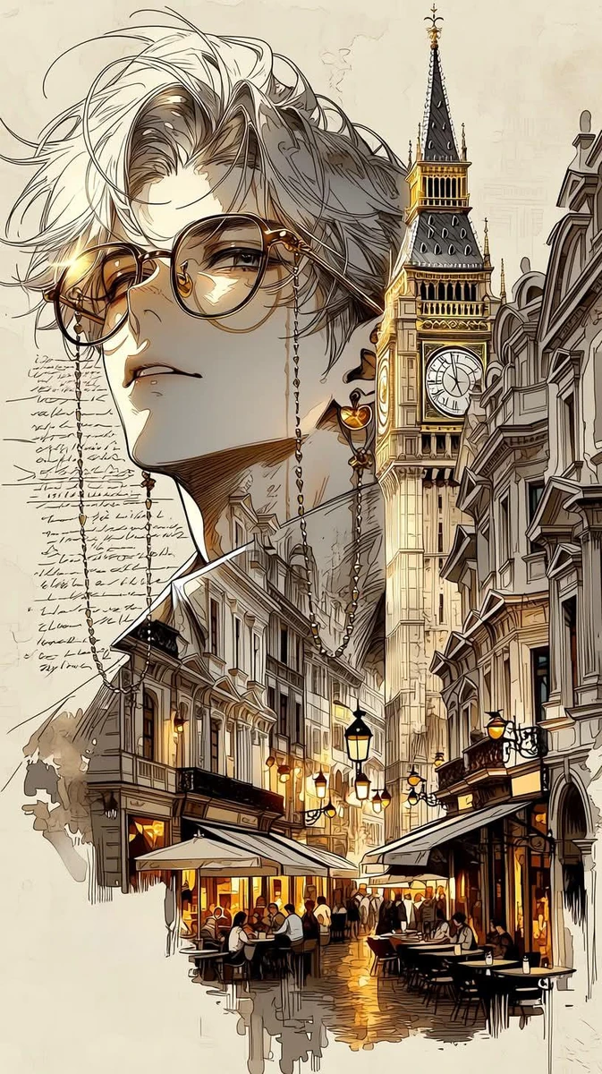 Elegant anime travel illustration, sophisticated silver-haired anime man...
