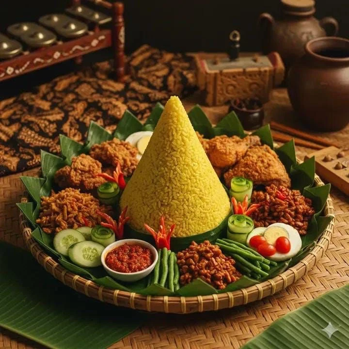 Authentic Indonesian food photography of Nasi Tumpeng — cone-shaped yello...