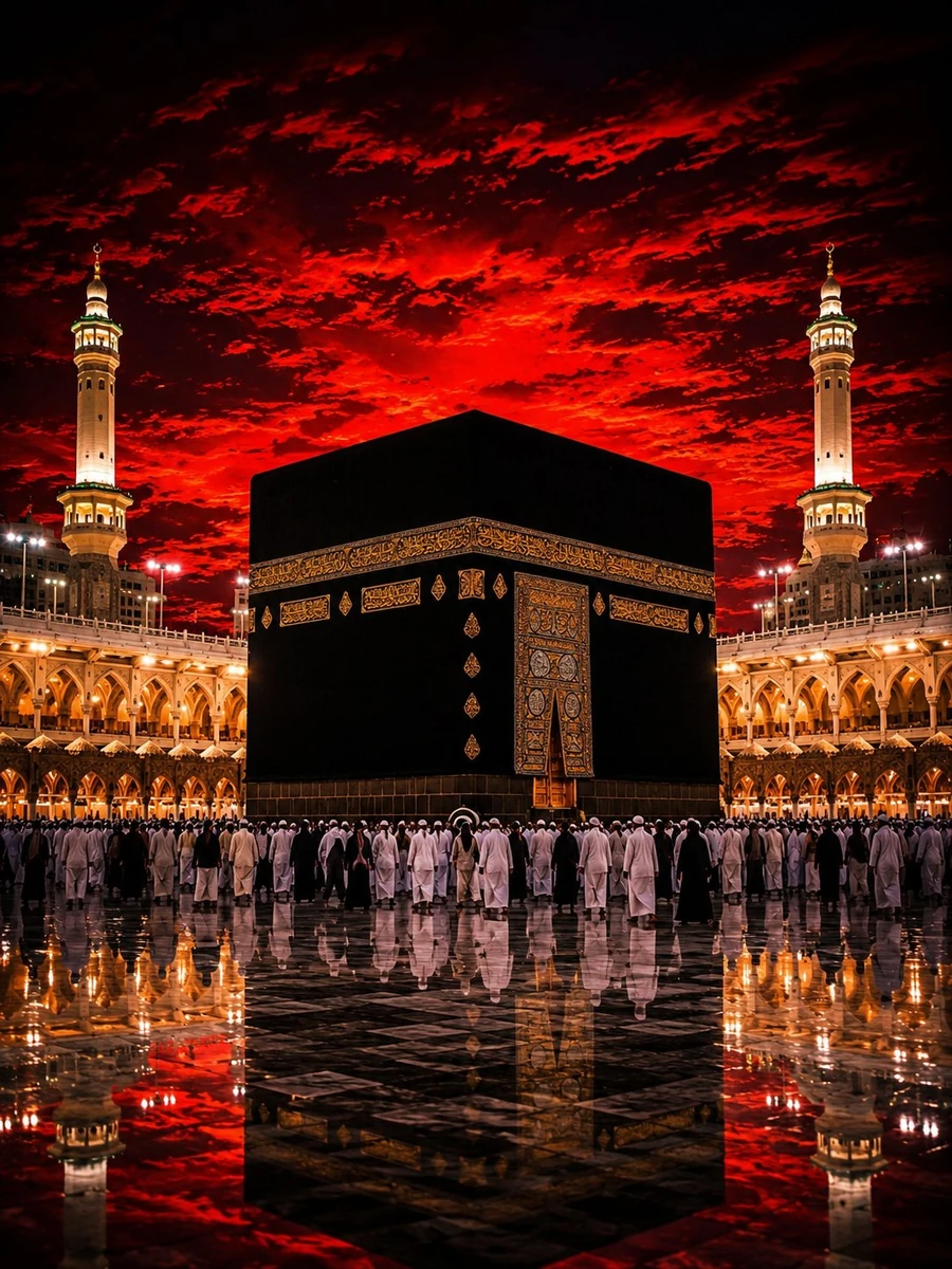 A breathtaking cinematic photograph of the Kaaba at Masjid al-Haram in Me...