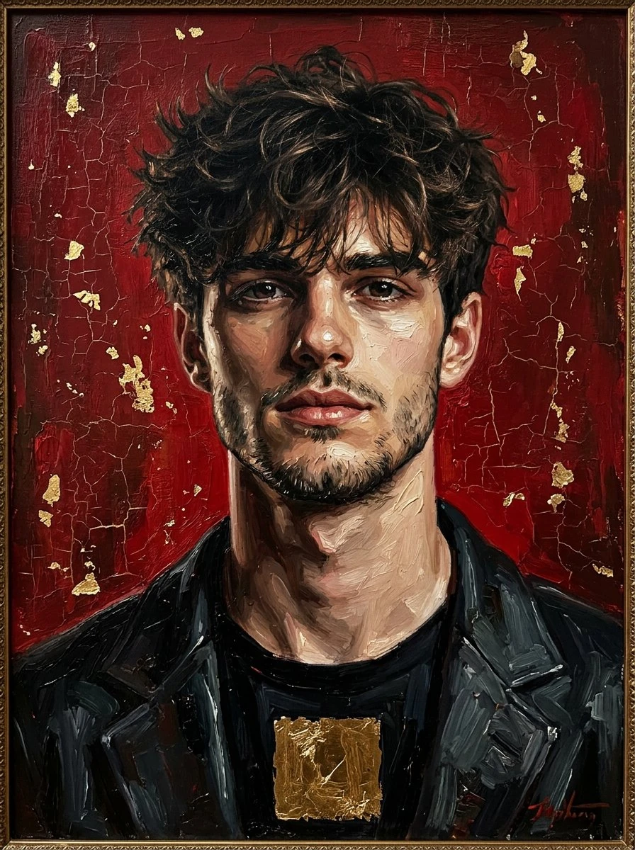 Baroque-inspired oil portrait of a young man with textured curly dark hai...