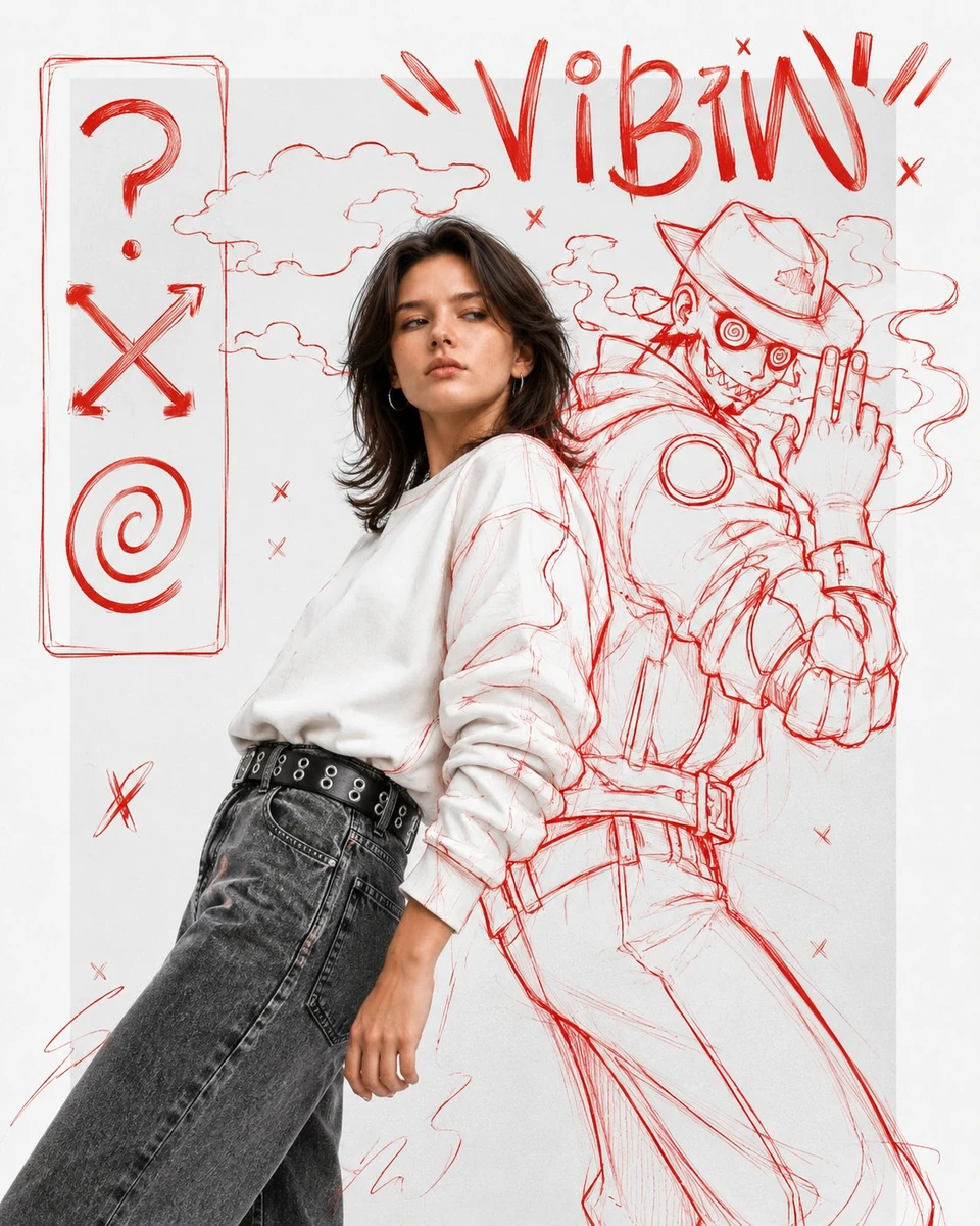 A high fashion mixed media editorial portrait that blends realistic fashi...
