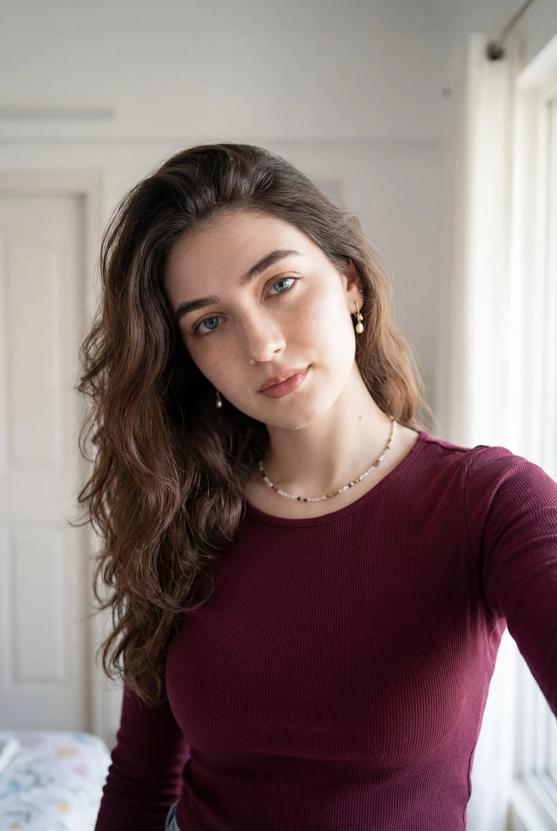 Ultra-realistic portrait of a young woman taking a casual indoor selfie,...