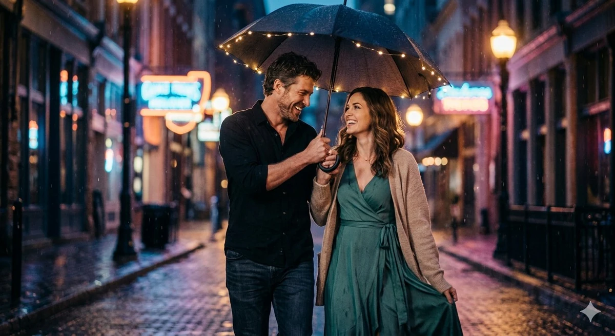 A breathtaking cinematic scene of a rugged handsome man and a beautiful g...