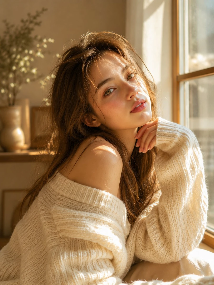 Dreamy sunlit portrait of a young woman with long soft light-brown hair,...