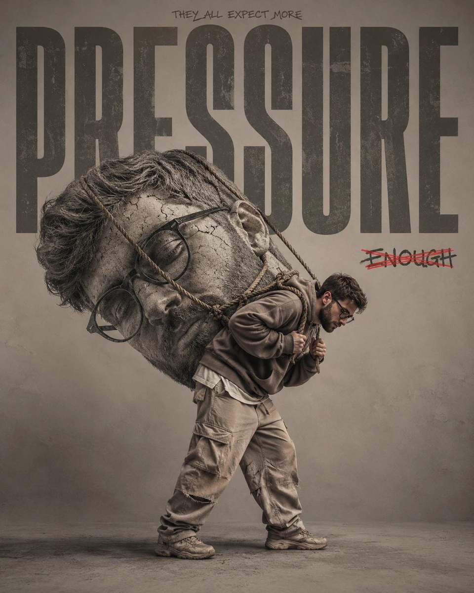 Ultra-realistic conceptual portrait of a young man carrying a massive rea...