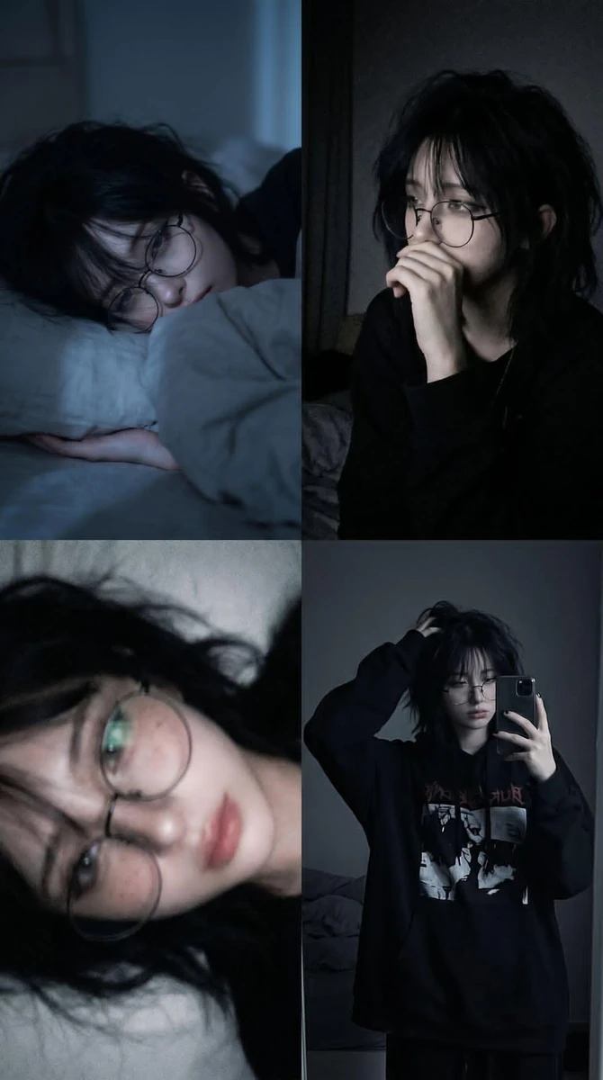 A 2x2 photo collage of the same young person in a dimly lit bedroom at ni...