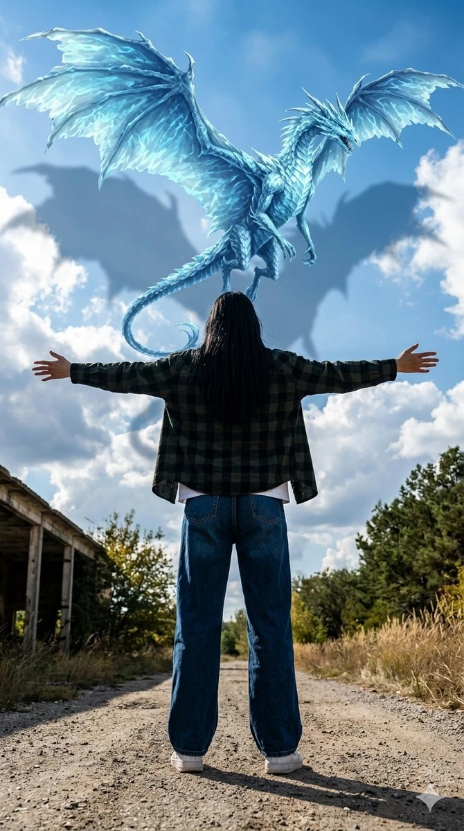 A giant icy-blue celestial dragon flying through a bright blue cloudy sky...
