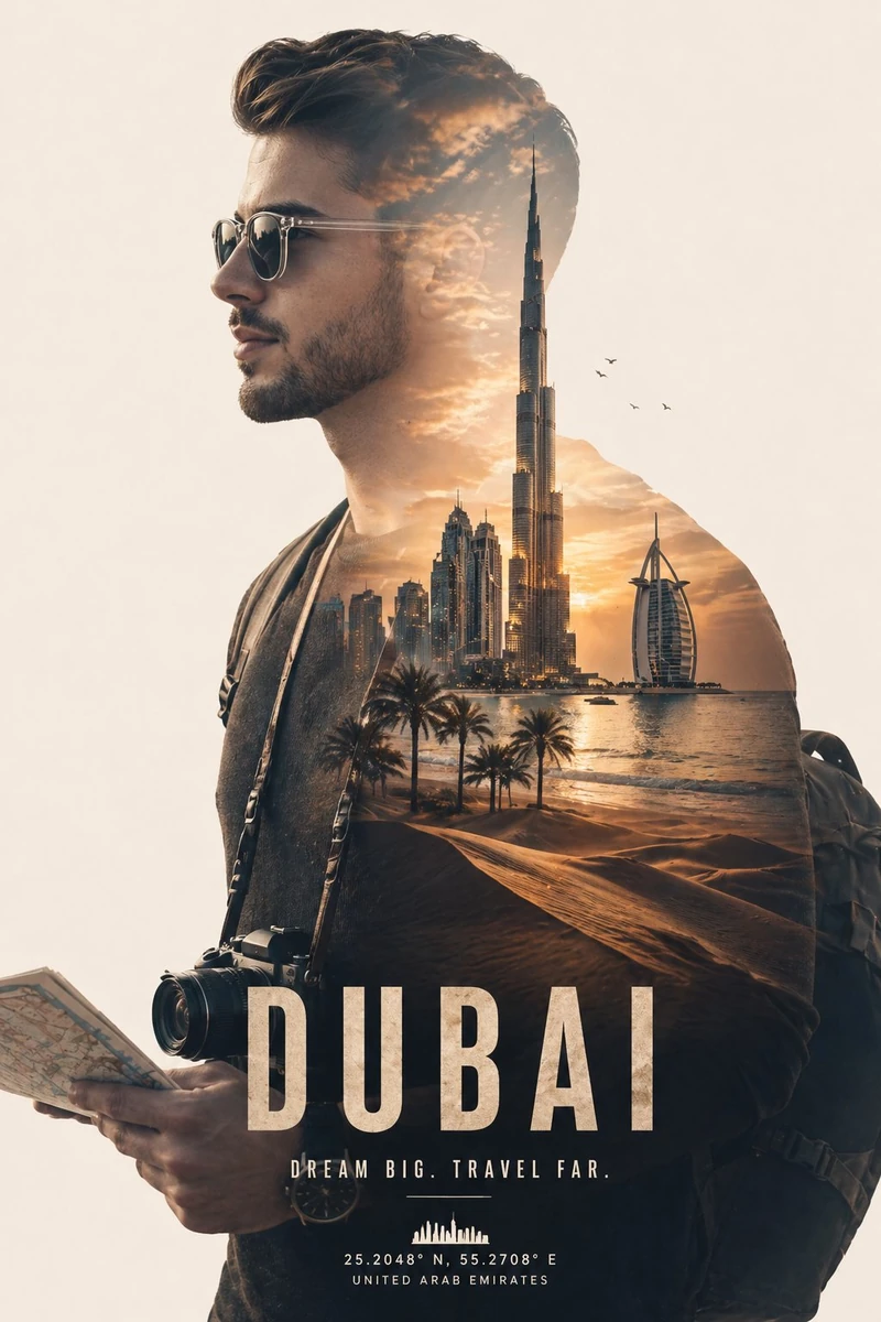 A cinematic double exposure portrait of a young male traveler in side pro...