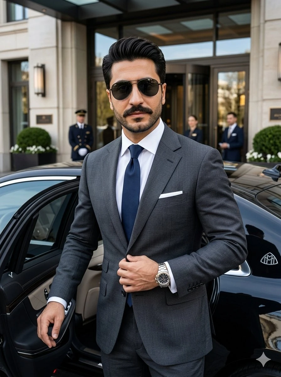 A sharp, confident South Asian man in his late 30s standing beside a luxu...