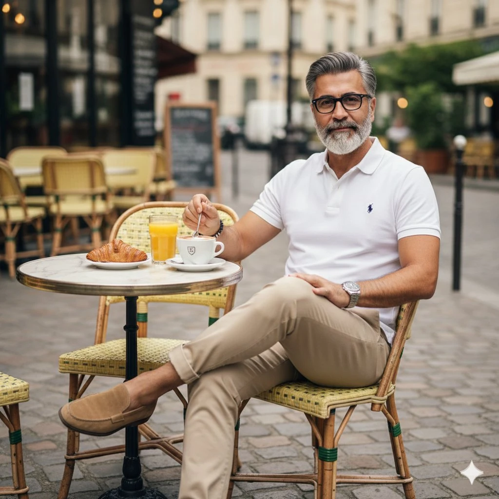 A photorealistic image of a stylish middle-aged man with salt-and-pepper...