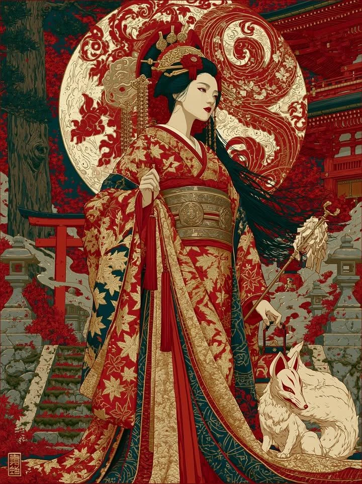 Ukiyo-e inspired digital illustration, vertical portrait, rich red and go...