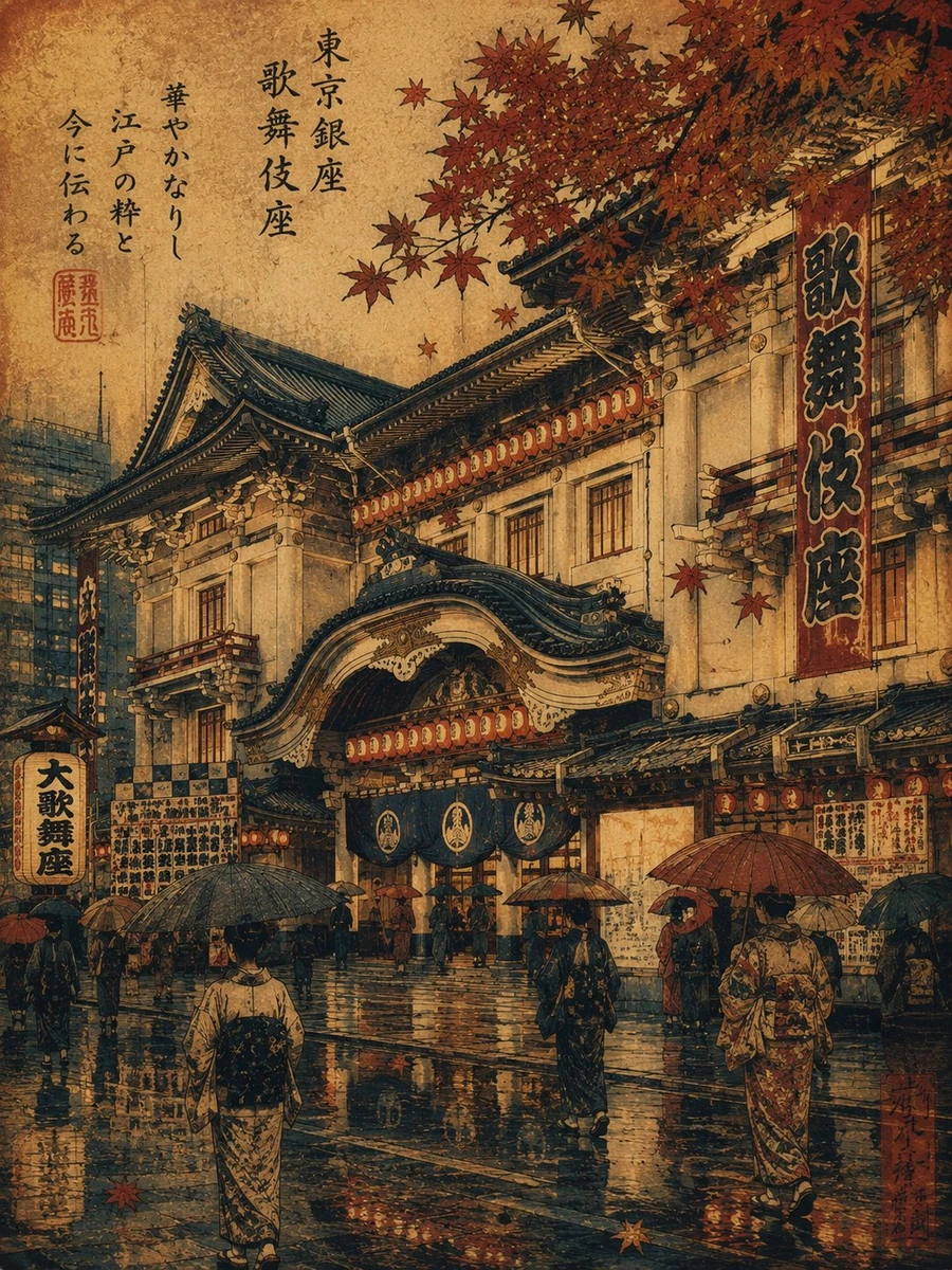 A vintage Japanese ukiyo-e inspired travel poster illustration of Tokyo D...
