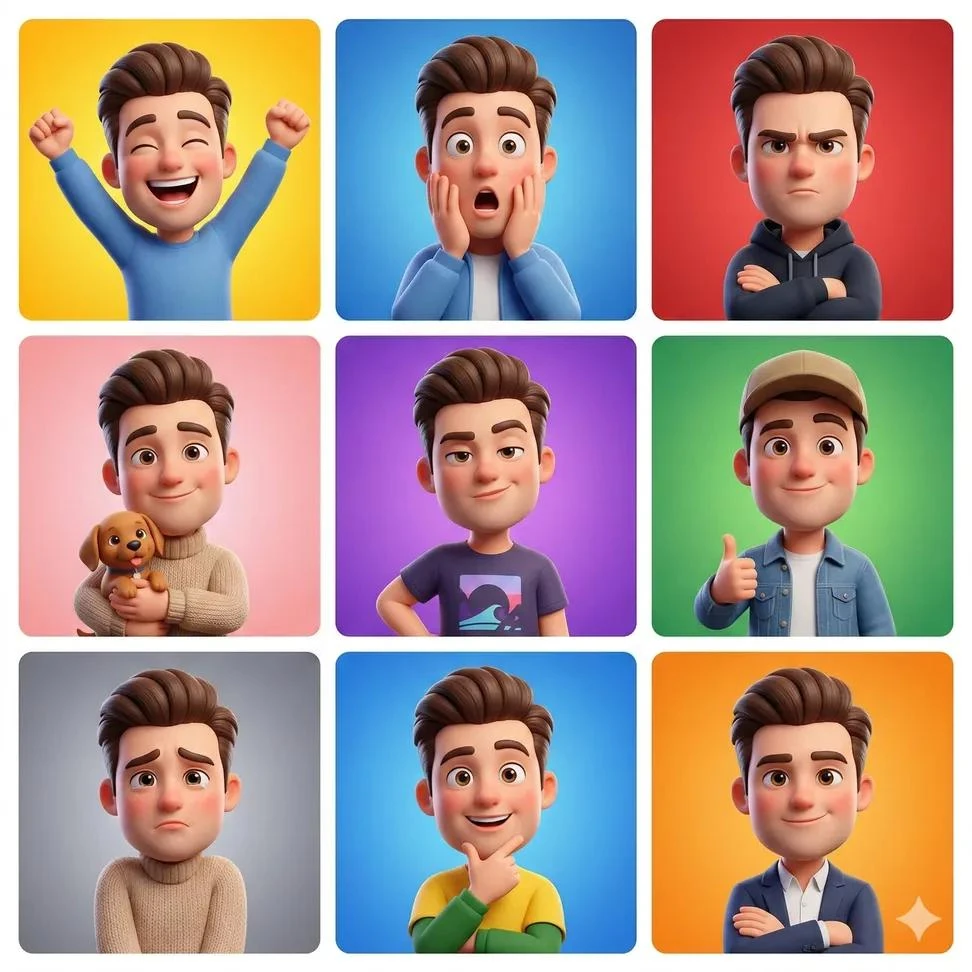 3D cartoon avatar character showing different emotions arranged in a 3x3...