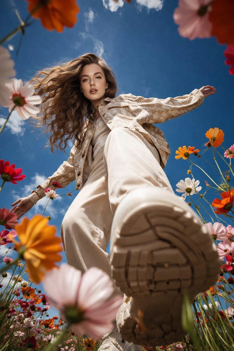 A cinematic ultra-wide low-angle shot of a stylish young woman walking th...