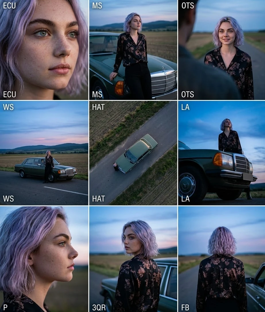 A cinematic 3×3 grid presenting multiple camera angles of the same female...