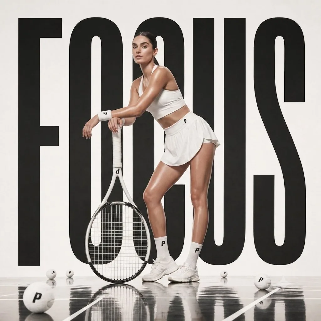 A clean high-fashion sports editorial featuring a confident female tennis...
