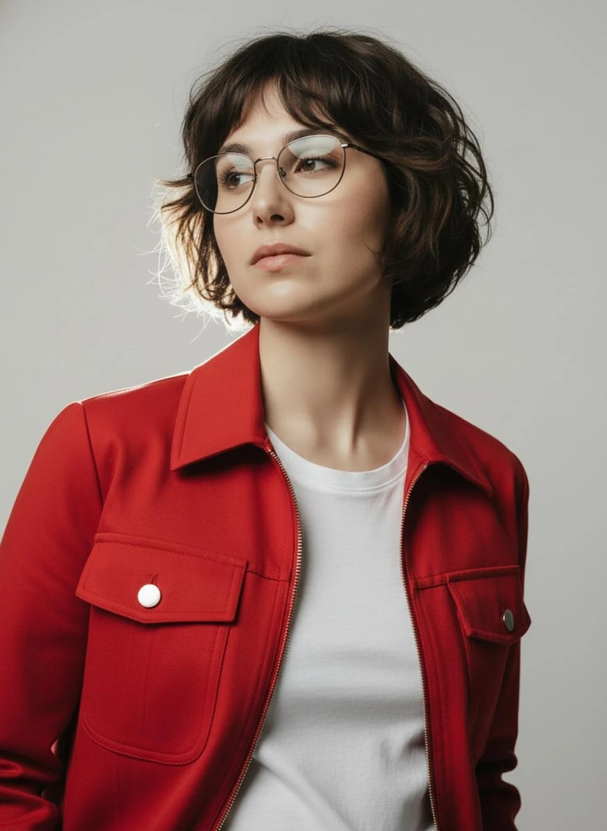 Objective": "Create a minimalist studio fashion portrait with a modern ed...