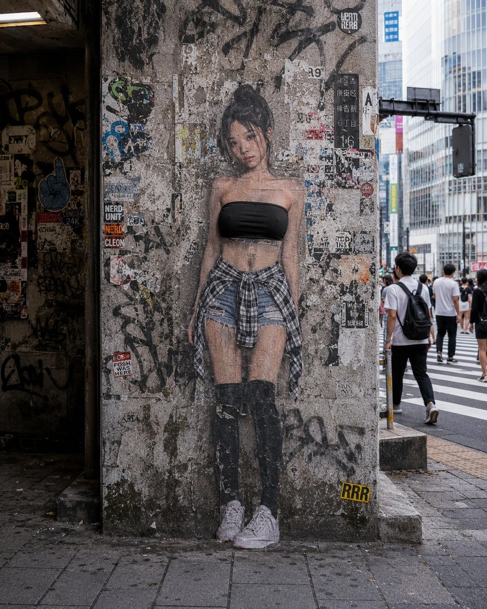 一名 [人物设定] 出现在 [场景环境] 中，靠近或贴合在 [背景表面] 前方，画面采用正面视角，眼平机位，真实街头摄影构图。人物的身体被清晰地分...