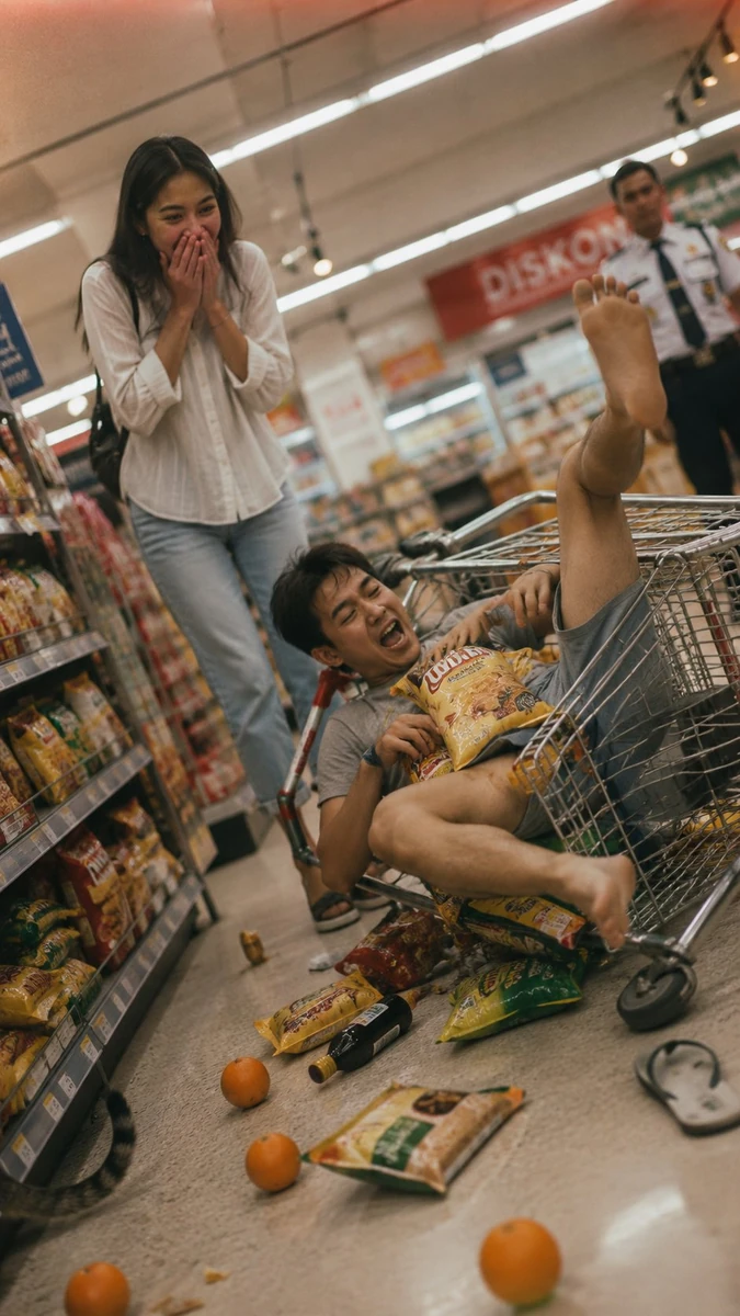 Shot on 35mm film, Kodak Portra 400, soft fluorescent supermarket light,...