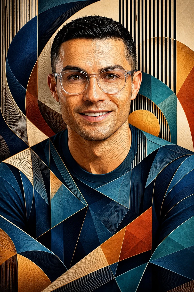 Transform the uploaded portrait into a masterpiece combining optical cont...