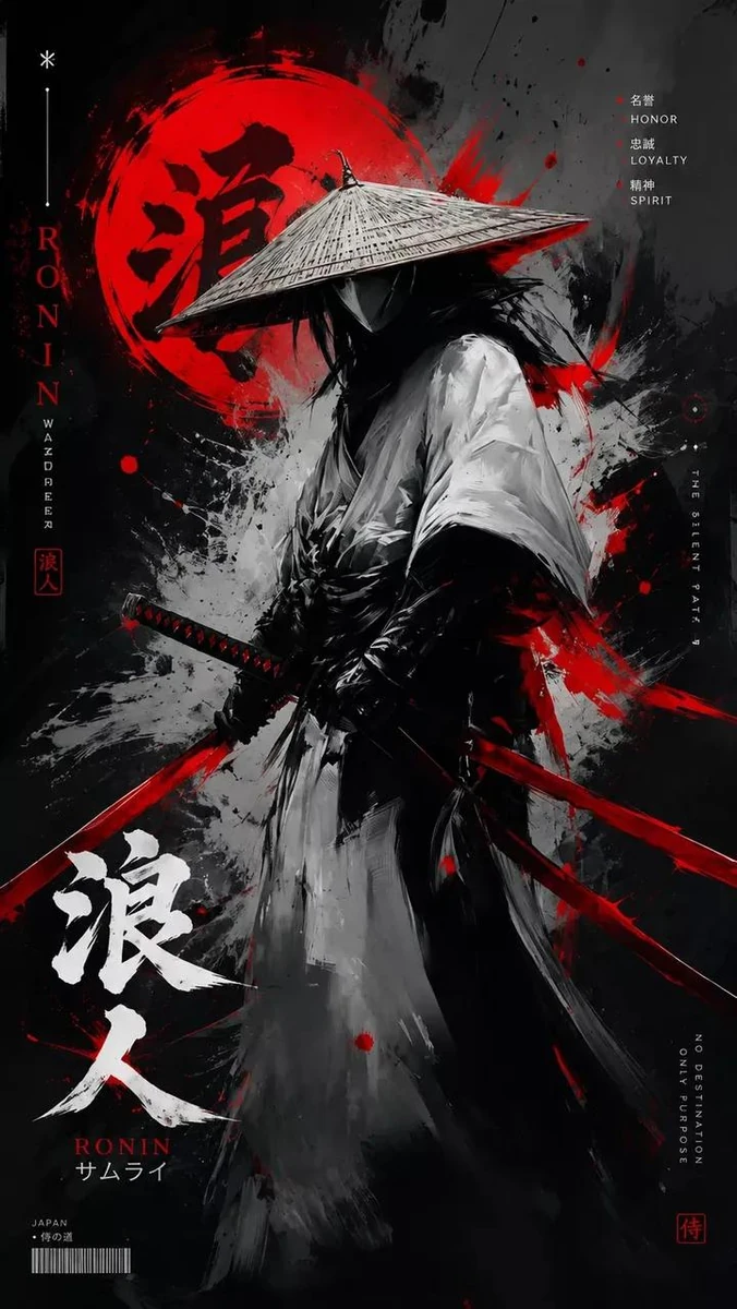 Dark samurai poster art in ink wash and splatter paint style, vertical la...