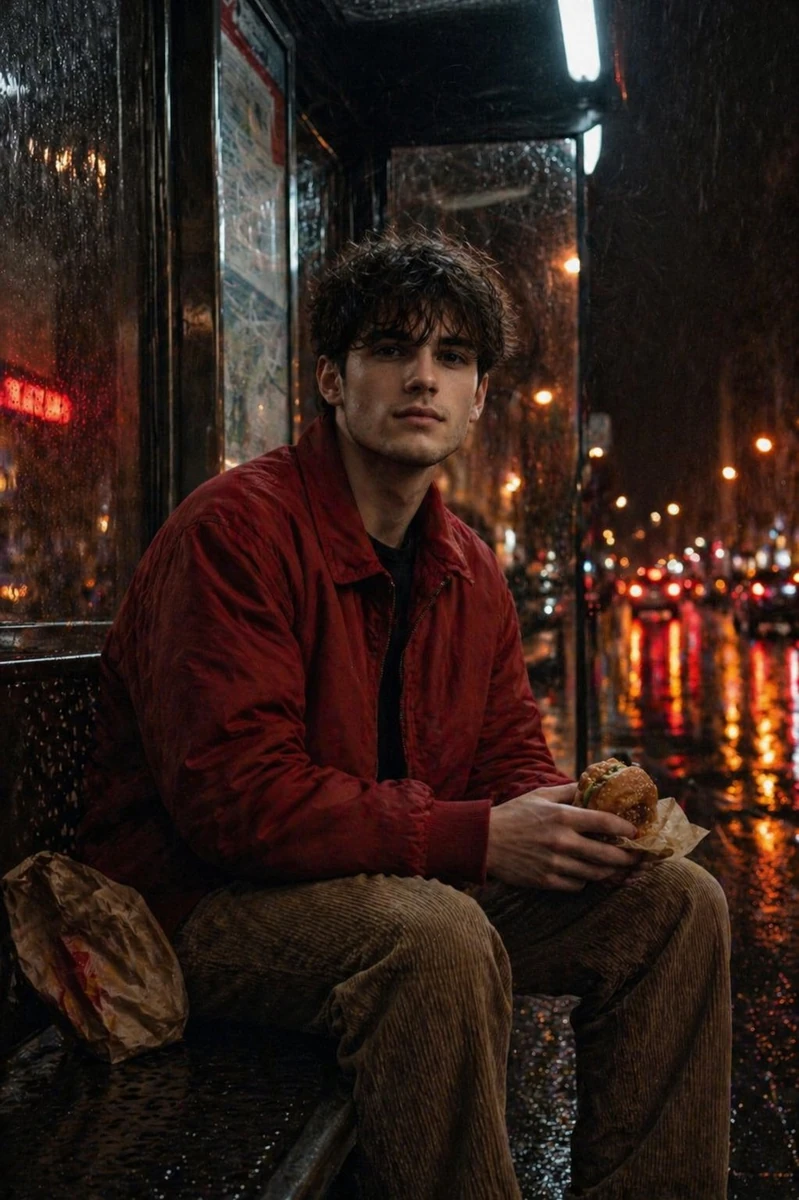 A cinematic nighttime photo of [your photo as reference] sitting alone at...