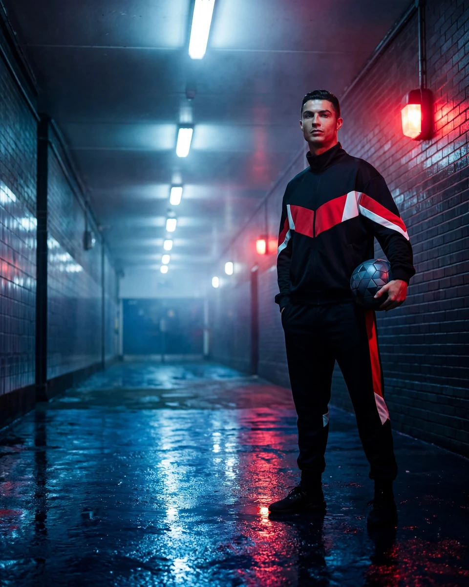 The subject stands alone inside a long, dark underground stadium tunnel a...