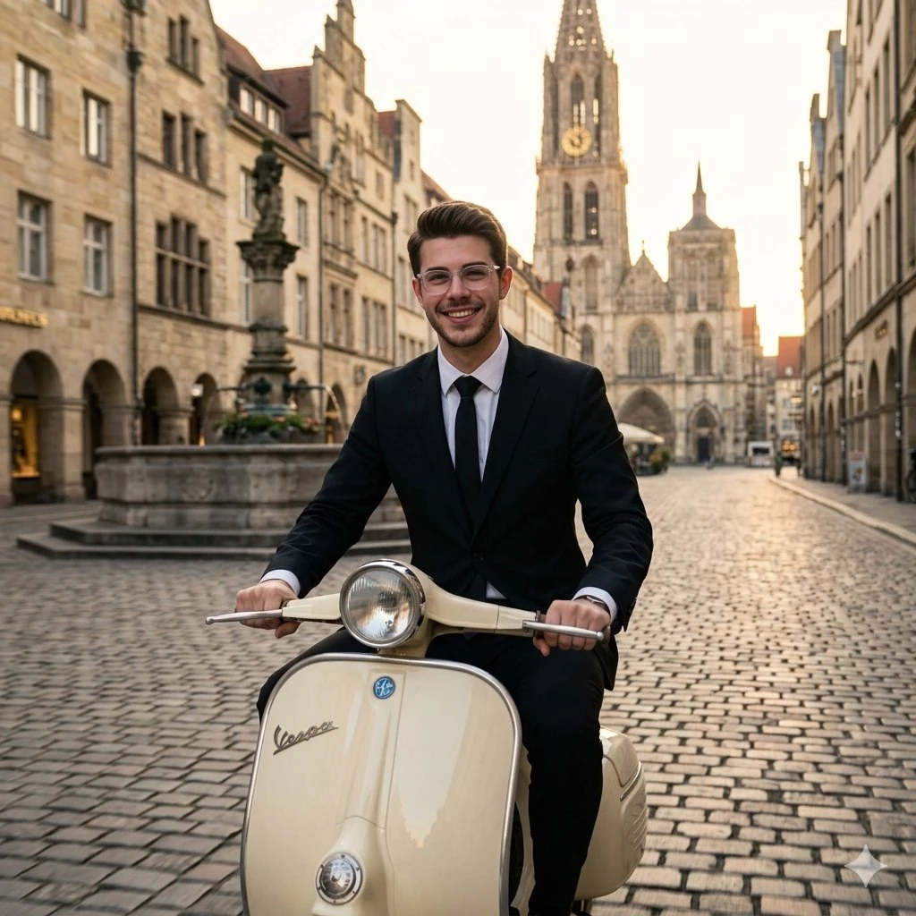 A cinematic lifestyle shot of a well-dressed man riding a vintage cream-c...