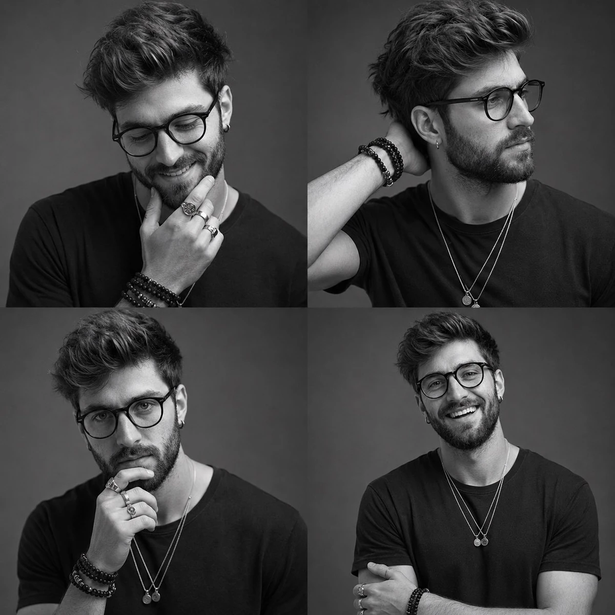 Ultra-realistic black-and-white studio portrait contact sheet of the same...