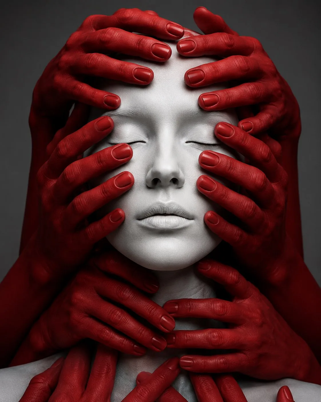 Ultra-realistic surreal conceptual portrait of a flawless matte porcelain...