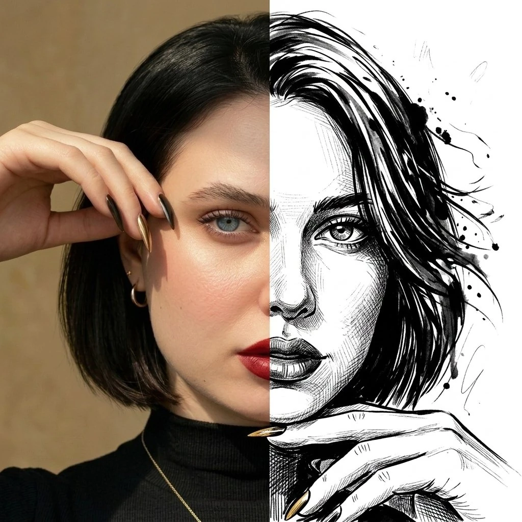 A split-face dual-style portrait using the uploaded photo. The left half...