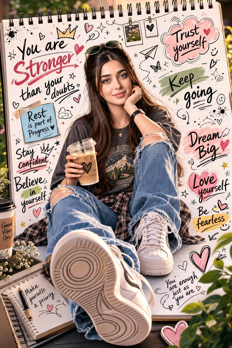 A beautiful anime-inspired young woman sitting casually inside a large sp...