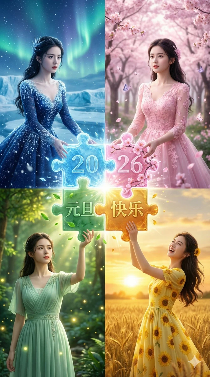 2026，元旦快乐。用春夏秋冬四季的拼图，迎接一个崭新的2026。