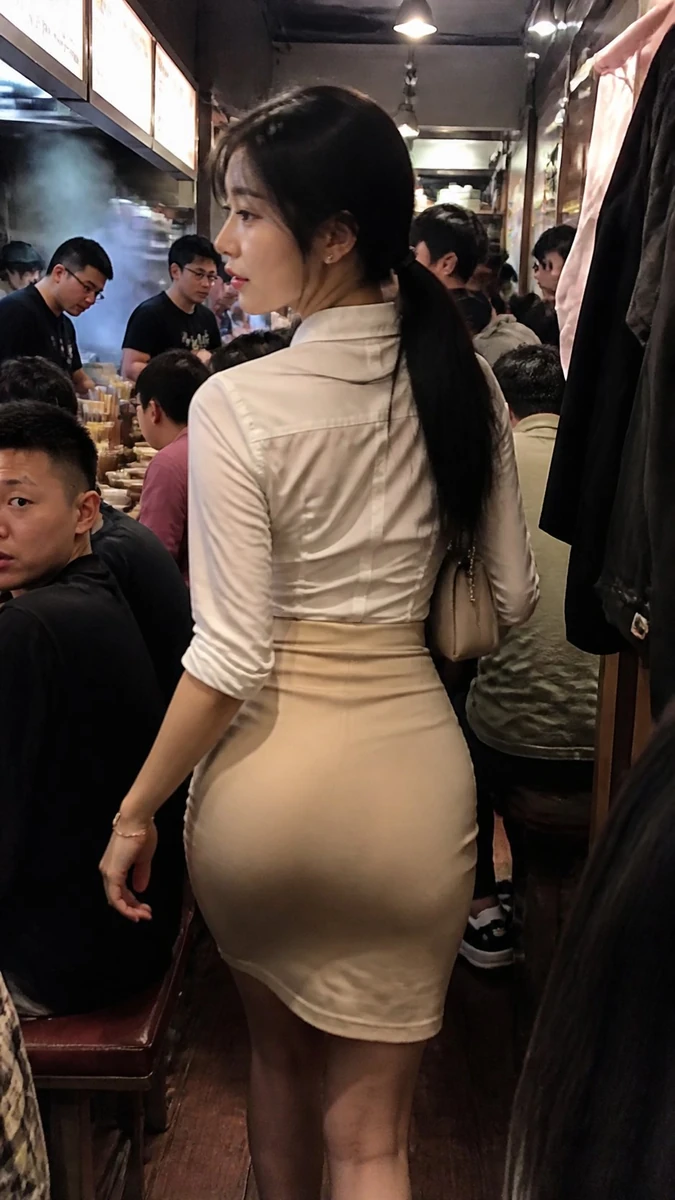 Theme: A stunning woman in a bustling, crowded restaurant (e.g., a popula...