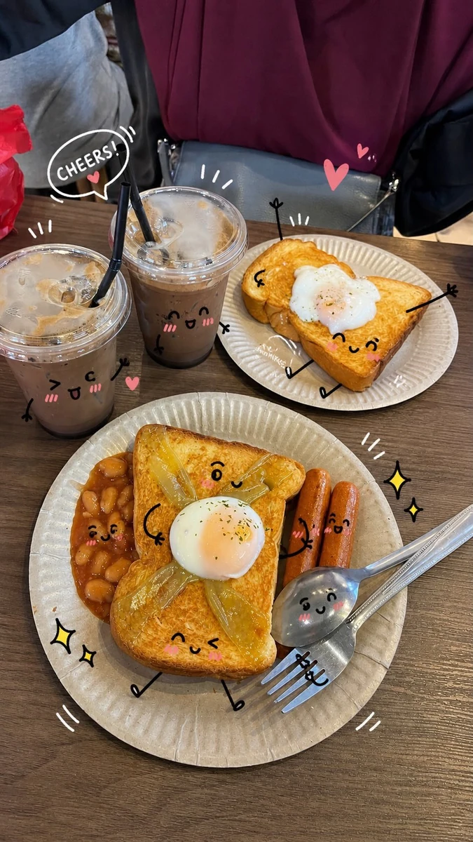 A cozy café table scene with aesthetic breakfast food, featuring golden t...