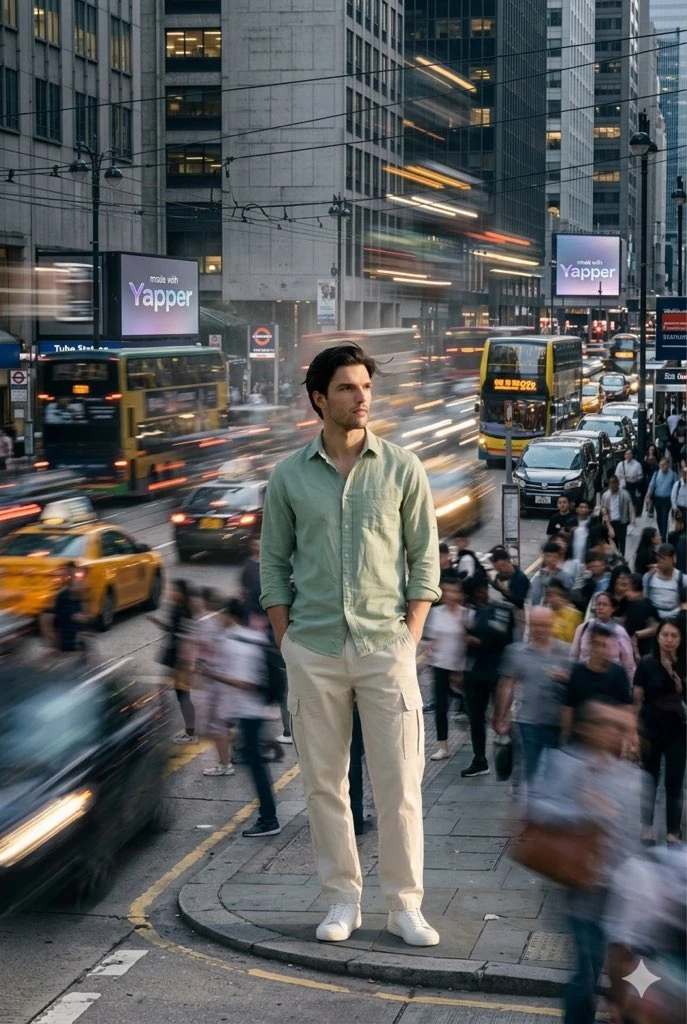 cinematic motion blur photography, editorial street portrait, slow shutte...