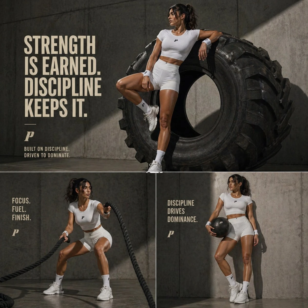 Cinematic luxury fitness editorial, industrial concrete gym setting with...