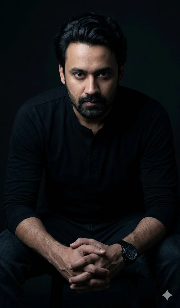 A hyper-realistic cinematic full upper-body portrait of a man seated and...