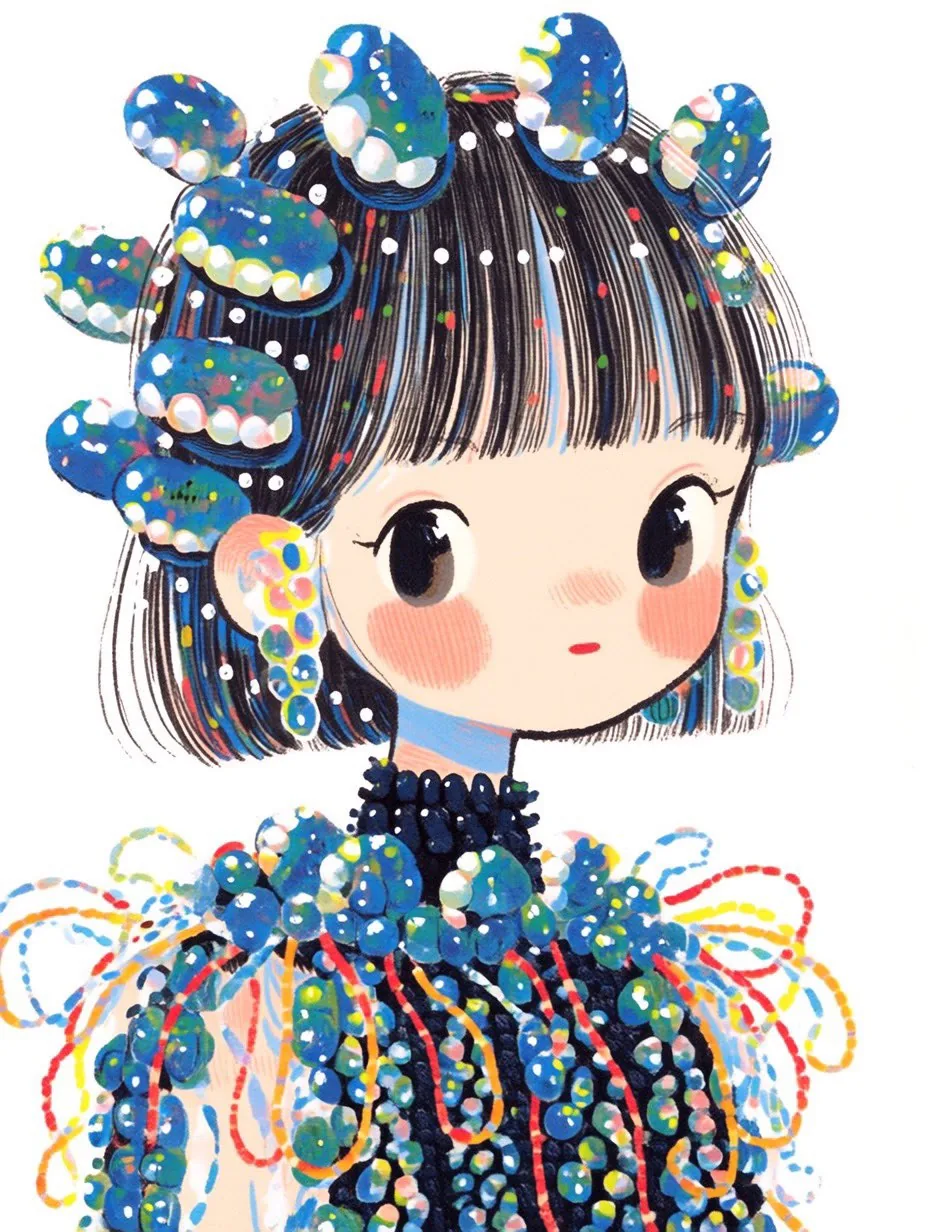 A whimsical fashion illustration of a cute doll-like girl with a short gl...