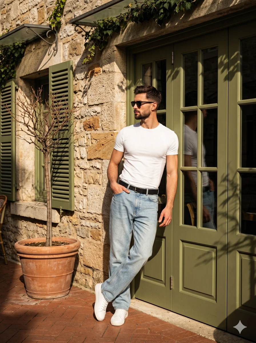 A confident young adult male leans casually back and to his right against...