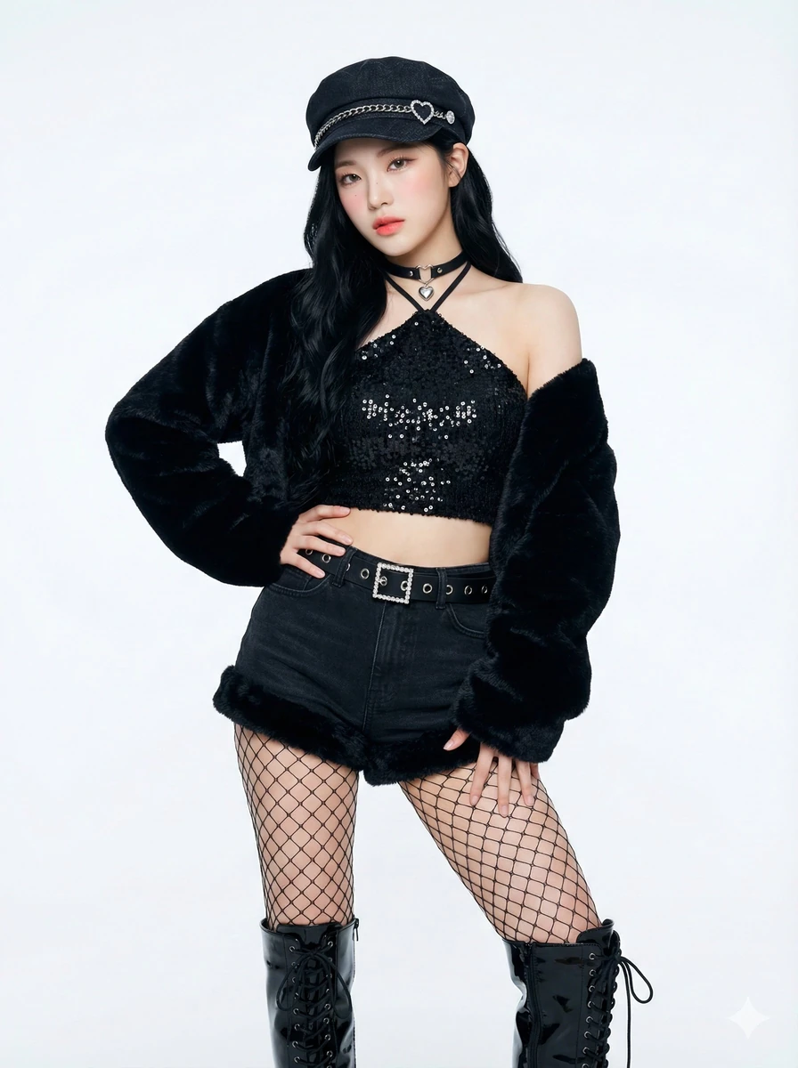 Young Asian woman (K-pop idol aesthetic), pale porcelain skin, delicate f...