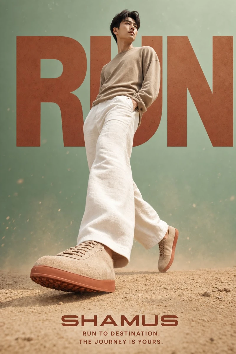 A warm editorial vertical lifestyle sneaker poster (9:16 ratio).